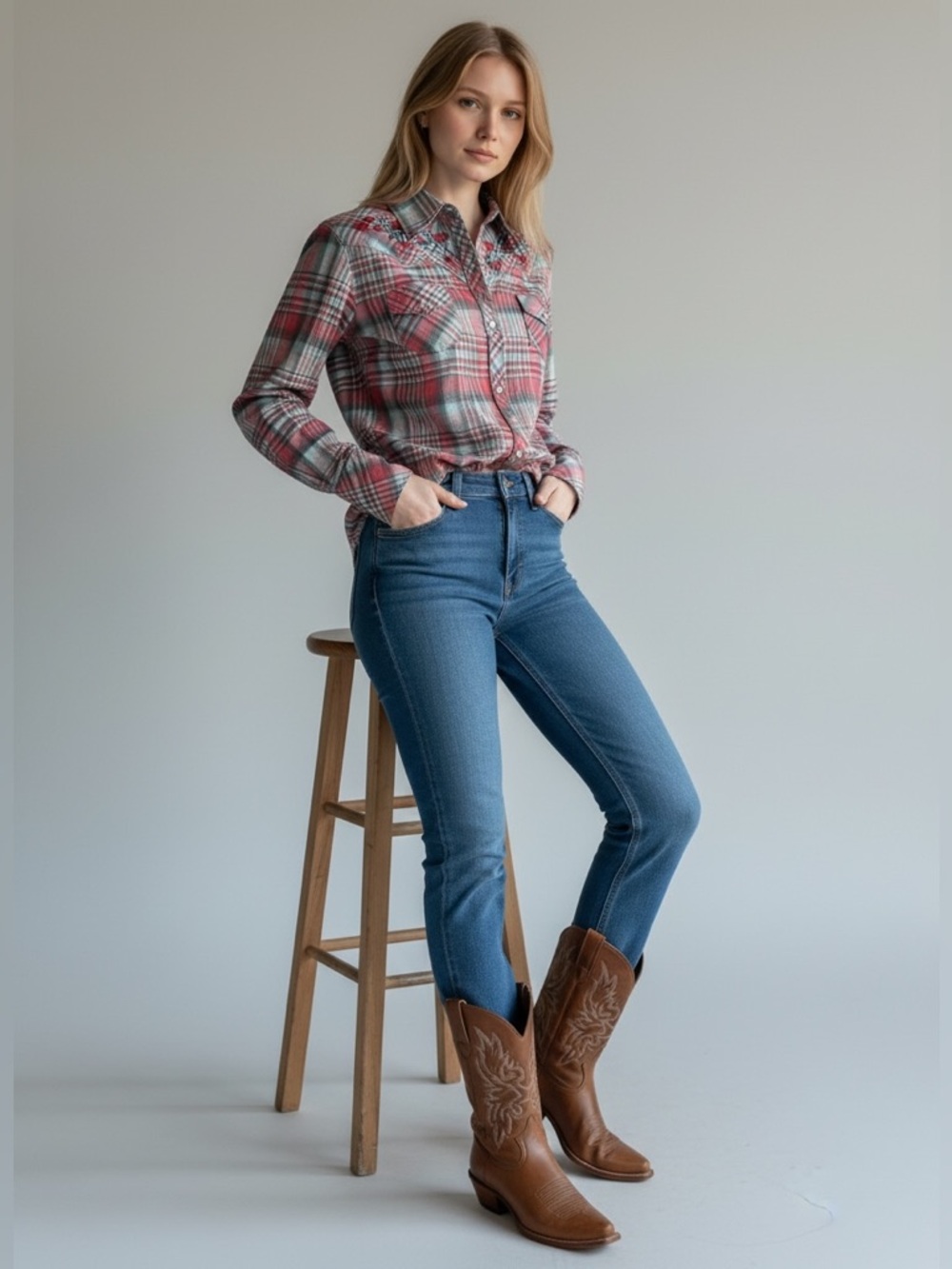 Cowgirl Up Plaid Embroidered Snap-Down Shirt
